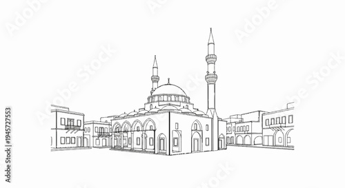 Stylized sketch of a mosque with minarets and surrounding buildings