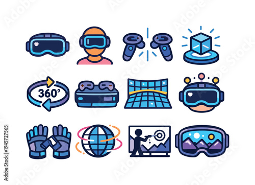 Virtual reality icons set for immersive technology and gaming experiences. Collection of colorful flat icons representing VR headsets, controllers, 360 degrees, and digital worlds