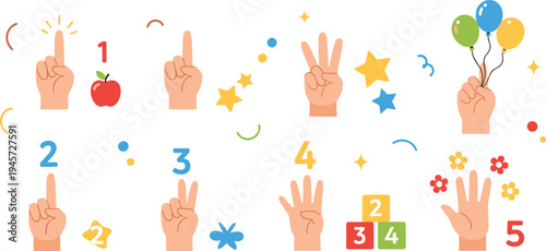 Kids Finger Counting Numbers Clipart Set with Hands Showing One to Five, Apple, Balloons and Stars for Preschool Math Learning Illustration