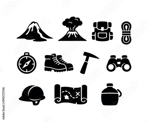 Adventure and exploration icons: mountains, volcano, backpack, rope, compass, boots, hammer, binoculars, helmet, map, canteen. Collection of black silhouette icons representing