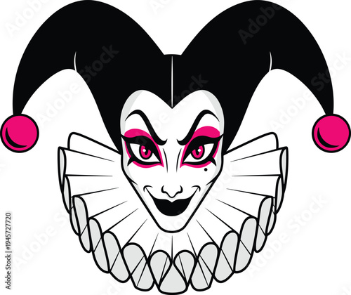 Stylized Joker Jester Face with Pink Eyes and Ruffled Collar Carnival Mask Illustration for Circus, Theater, Halloween, and Entertainment Design