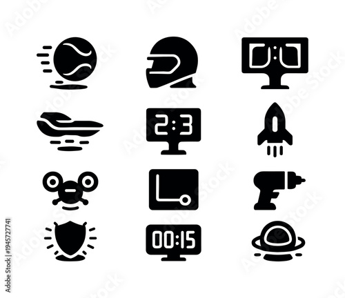 Collection of diverse black icons representing sports, technology, and science fiction themes. A grid of twelve distinct black glyphs showcasing elements like a tennis ball, racing