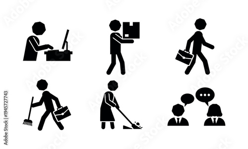 Silhouette icons of people performing various office and janitorial tasks