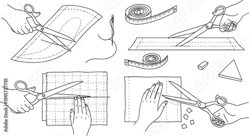 Sewing and Fabric Cutting Process Line Art Set with Scissors, Measuring Tape, Needle and Tailoring Tools for Fashion Design Illustration