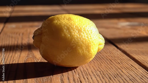 Close up of a yellow lemon on a wooden surface with shadow