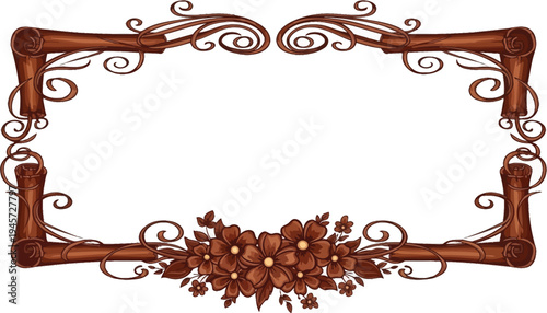 A beautiful brown wooden frame with floral designs on a white background