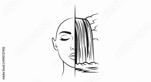 Surrealist artwork half a face merging into a waterfall and rocks