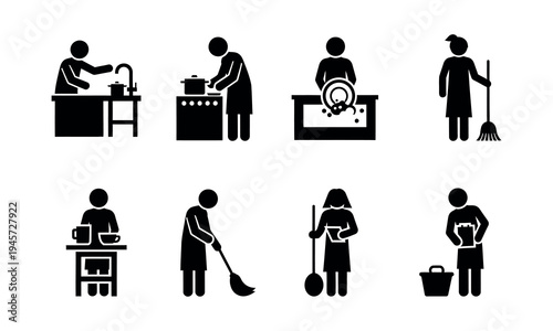 Silhouette icons of people performing various household cleaning tasks