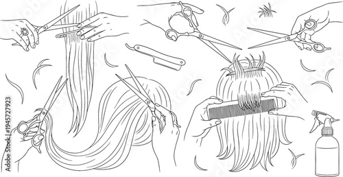 Hair Cutting and Styling Process Line Art Set with Scissors, Comb, Hairdresser Hands and Salon Tools for Professional Hairstyling Illustration