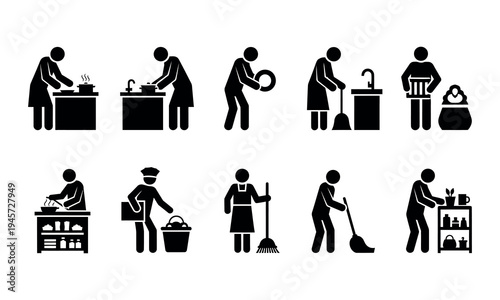 Silhouette icons of people performing various cleaning tasks