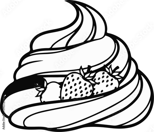 Swirl of cream with three strawberries, outlined in black