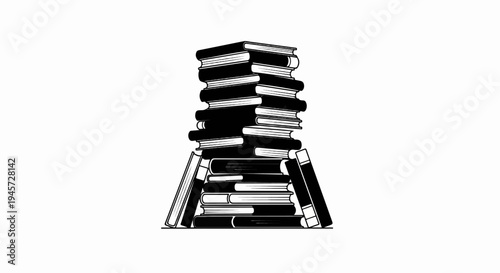Tall stack of open and closed books, some leaning