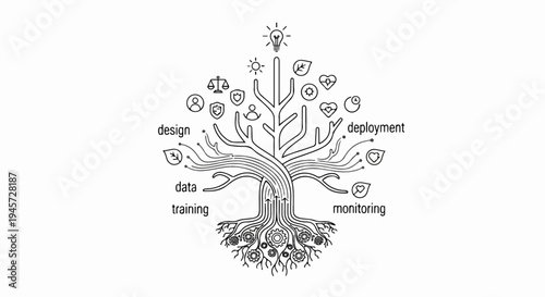 Stylized tree with icons representing data process stages and gears at roots