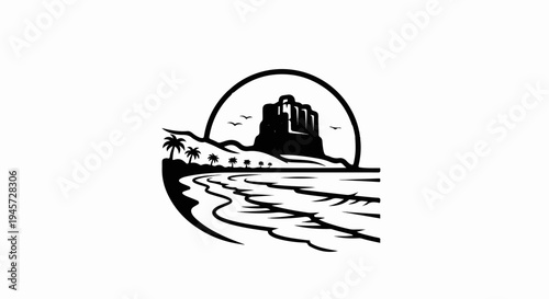 Stylized tropical island with castle-like rock formation and ocean waves