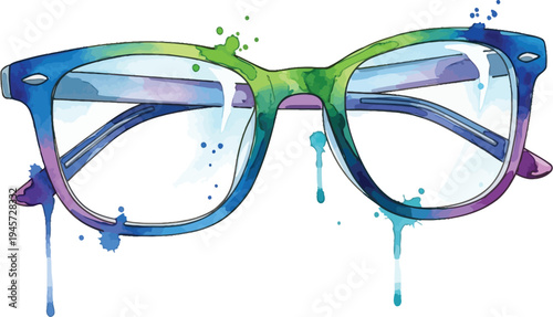 A pair of colorful glasses with paint splatters on a white background