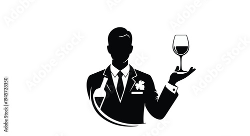 Sommelier With Wine Glass and Bottle Silhouette Illustration