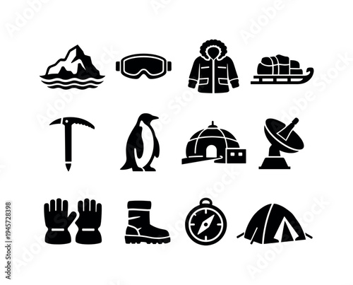 Arctic and Antarctic exploration icons: mountains, penguin, igloo, and gear. Collection of black and white icons representing elements of polar exploration and research, including