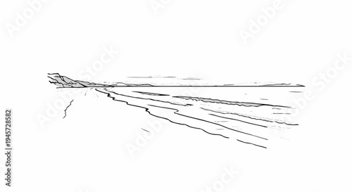 Stylized sketch of a distant mountain range over a beach at dusk