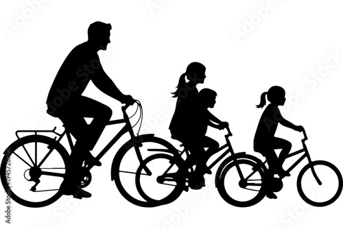 Family Cycling Together Silhouette