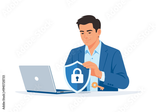 Man holding a digital security shield with a padlock and key next to laptop. A businessman in a blue suit protects his data with a shield icon, symbolizing cybersecurity and