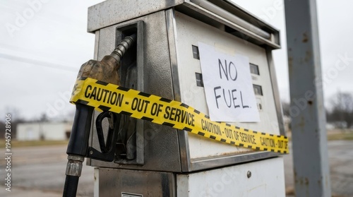 Gas Pump with Warning Tape and Sign Indicating No Fuel Available