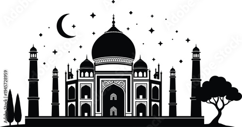 Taj Mahal silhouette with crescent moon and stars night sky, iconic India Mughal architecture monument vector illustration isolated on white background