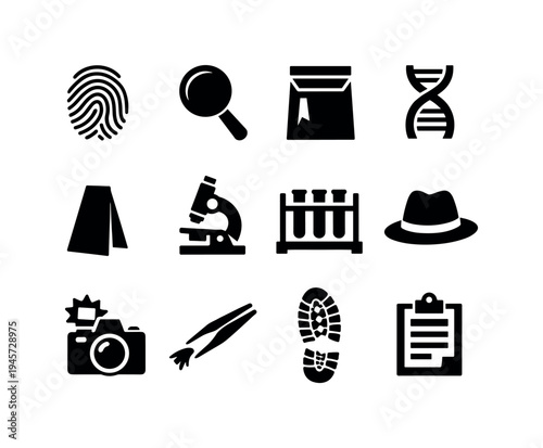 Forensic investigation icons collection for crime scene analysis and evidence gathering. A set of black icons representing elements of forensic science, including fingerprints, DNA