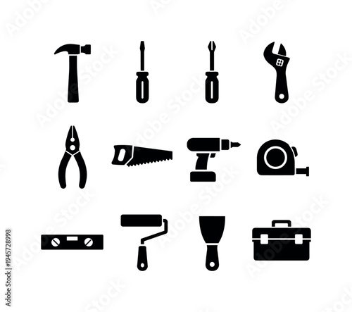 Home repair tools: hammer, flathead screwdriver, Phillips screwdriver, adjustable wrench, pliers, hand saw, electric drill, tape measure, spirit level, paint roller, putty knife, toolbox
