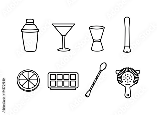 Cocktail making tools and ingredients icons in a clean line art style. A collection of essential bar tools and ingredients for crafting cocktails, presented as simple black