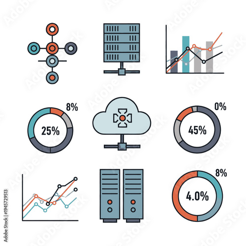 Data Analysis Icons Representing Statistics and Servers.