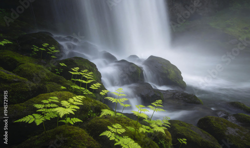 Waterfall in mossy rocks, cascading water, green foliage, soft light