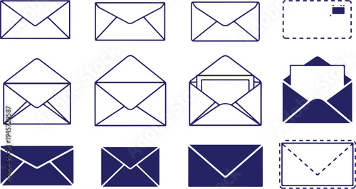 Various envelope icons in different styles and states for design use