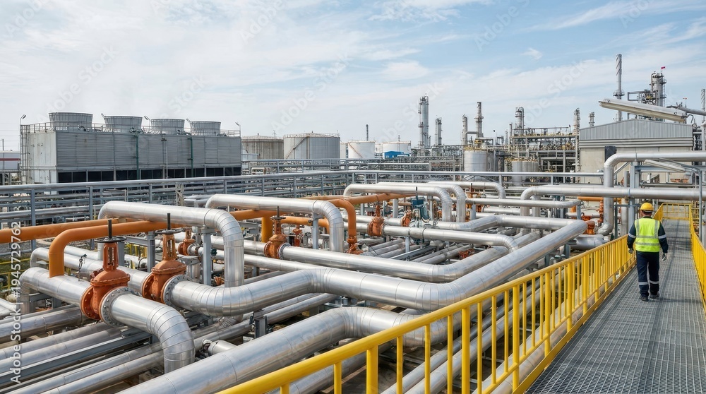 Naklejka premium Industrial Pipeline Infrastructure in a Chemical Plant Environment