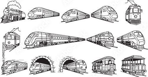  Various trains on railroad tracks including steam locomotive and subway cars in black and white.