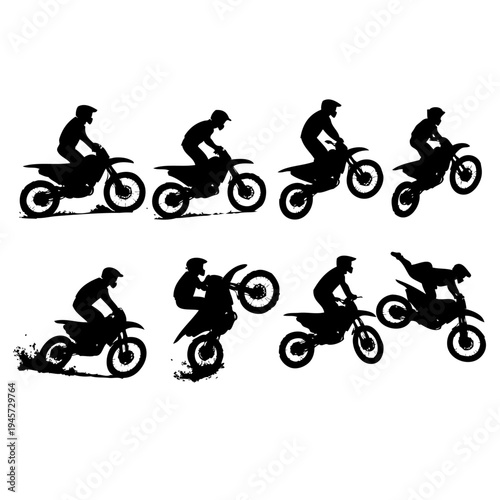Dirt bike riders sequence action jump motion black white illustration