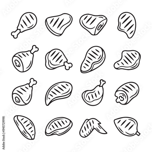 Grilled Meat Collection Icons Vector Illustration Various Cuts of Beef and Chicken Simple Doodle Style