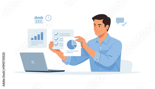 Man presenting business charts and checklist on screen with laptop. A man in a blue shirt holds up documents with a pie chart and checklist, sitting at a desk with a laptop and