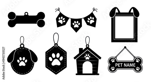 Pet Accessories Icons Set With Paw Prints And Dog Bone