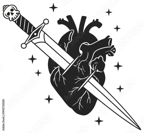 Anatomical heart pierced by dagger with skull handle and stars gothic tattoo style