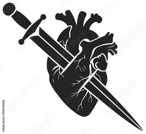 Heart anatomical organ pierced by sword dramatic gothic vector silhouette design