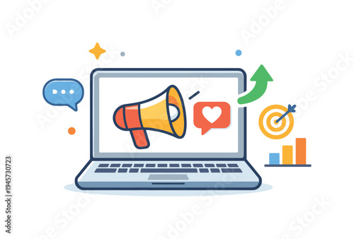 Digital marketing campaign management and audience engagement growth in a modern online business environment focused on expanding brand visibility and customer interaction, a laptop
