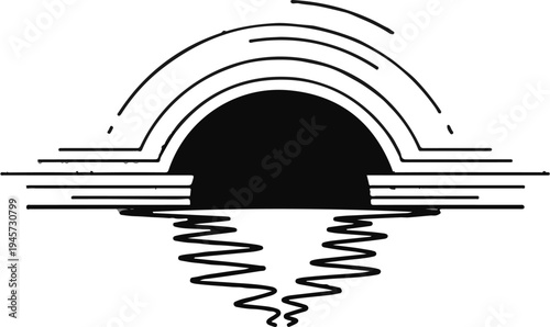 Stylized semi-circle sun setting over wavy water with horizontal lines representing land