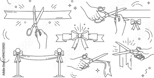Ribbon Cutting Ceremony Line Art Set with Scissors, Hands Cutting Ribbon, Bow Decoration and Grand Opening Event Illustrations for Business Celebration