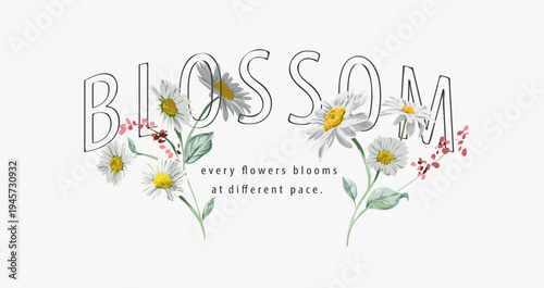 blossom slogan with white daisy flowers vector illustration