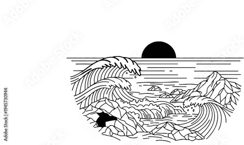 Stylized seascape with crashing waves, rocky shore, and setting sun