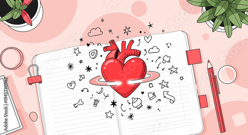 Creative Heart Illustration with Doodle Icons on Open Notebook, Pink Background