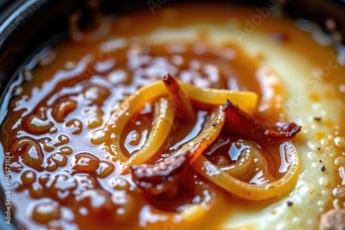 A close up of a perfectly caramelized French Onion Soup, with a thick layer of melted Gruyere cheese draped over the crock edge.