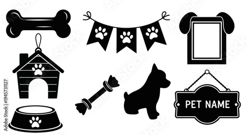 Pet Dog Care Accessories Silhouette Icons with Bone House Banner