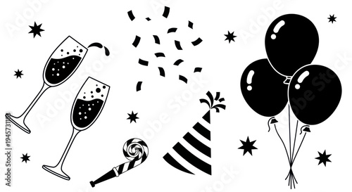 Festive Celebration Party Elements Silhouettes with Balloons Champagne and Confetti