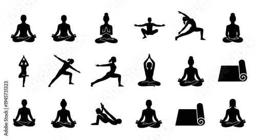 Yoga Poses and Wellness Healthy Lifestyle Silhouette Vector Icon Set